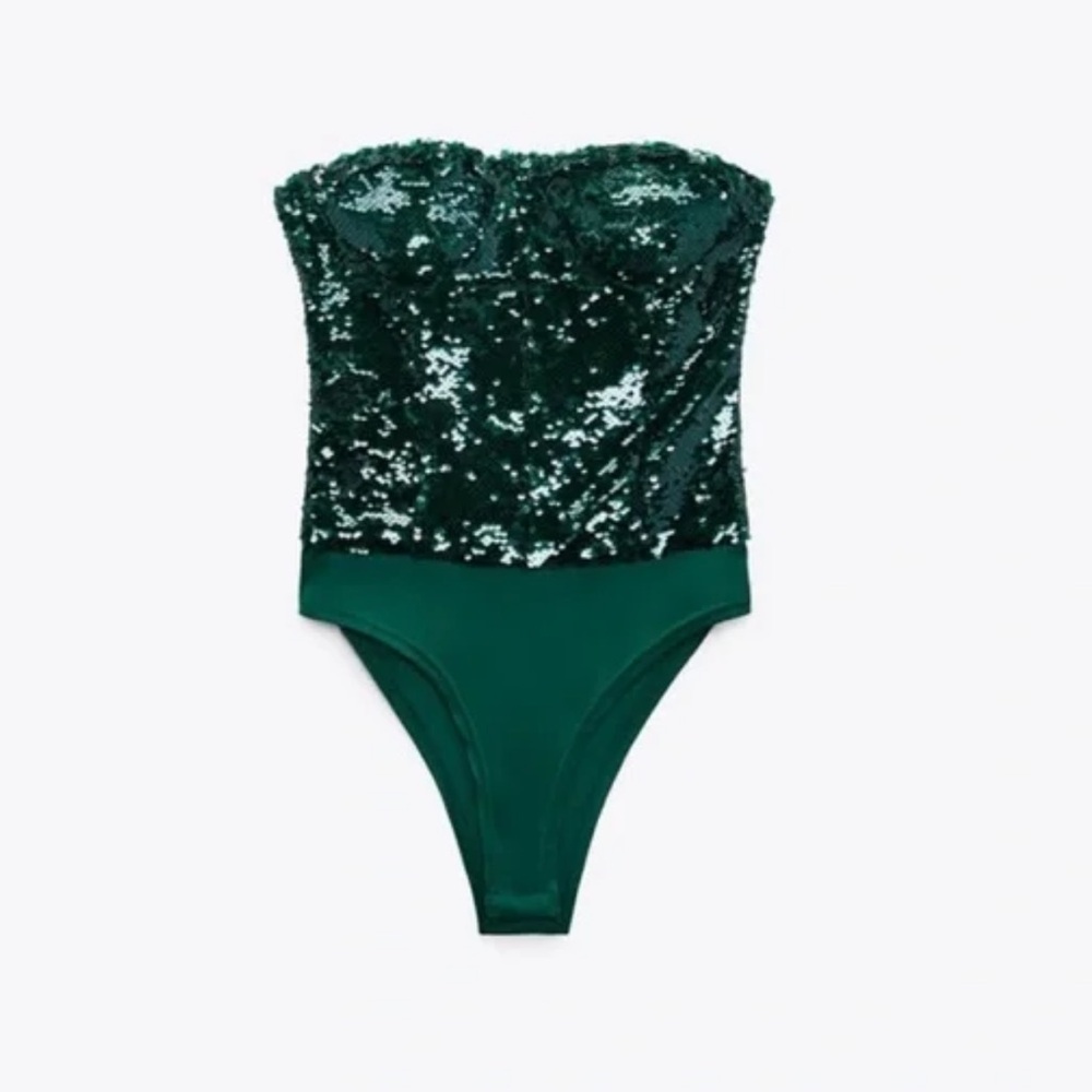 Zara Emerald Green Sequin Strapless Bodysuit